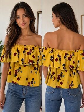 Like New ✨ Zara Yellow Floral Off Shoulder Ruffle Top | Boho Summer Blouse